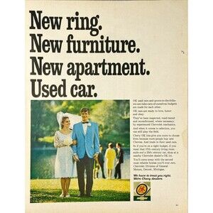 Chevrolet OK Used Cars "New Ring. New Apartment. Used Car" Vintage Print Ad 1967